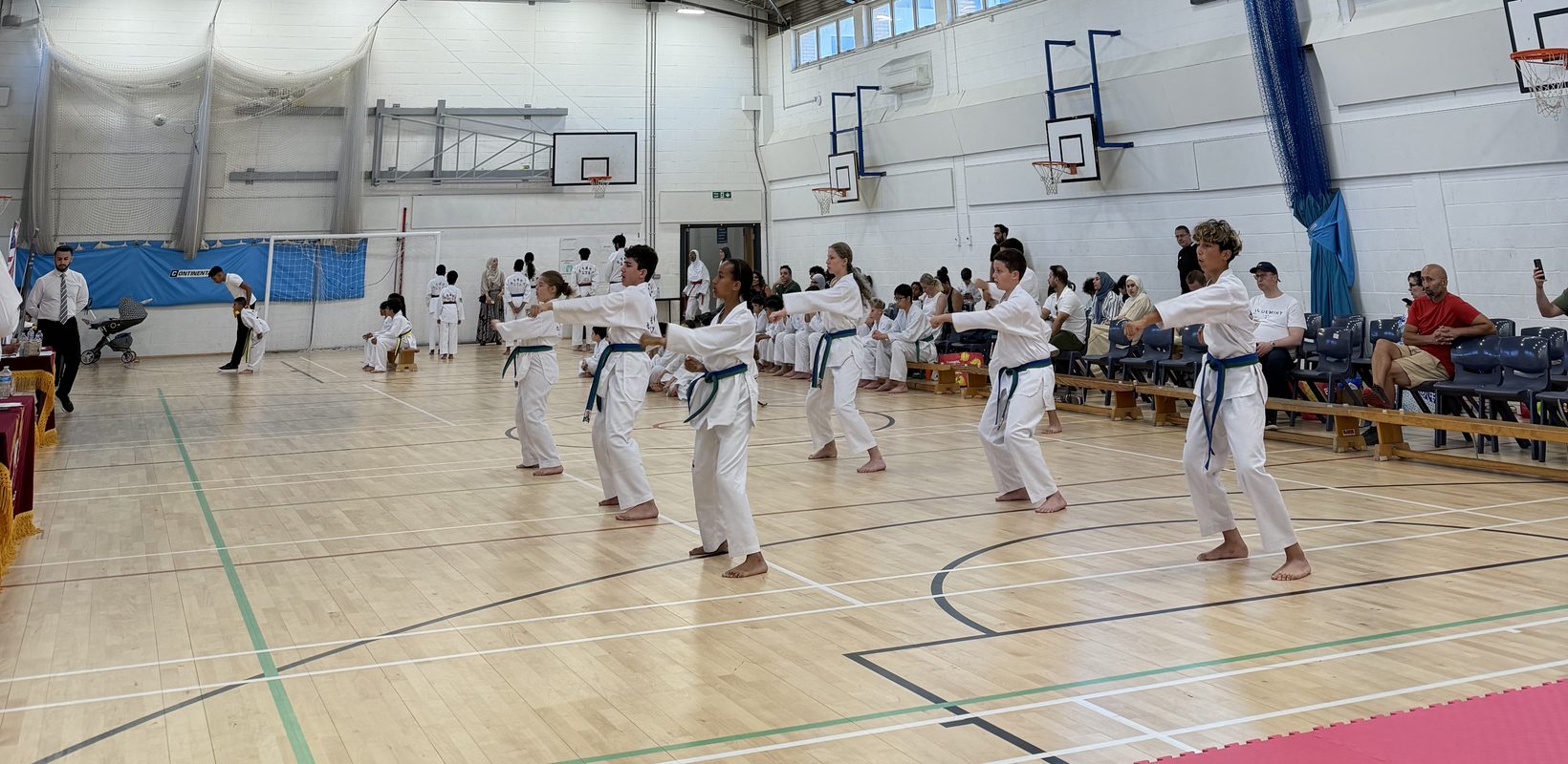 Students performing a technique during the academy kup belt grading at Cardinal Wiseman Catholic School, Greenford